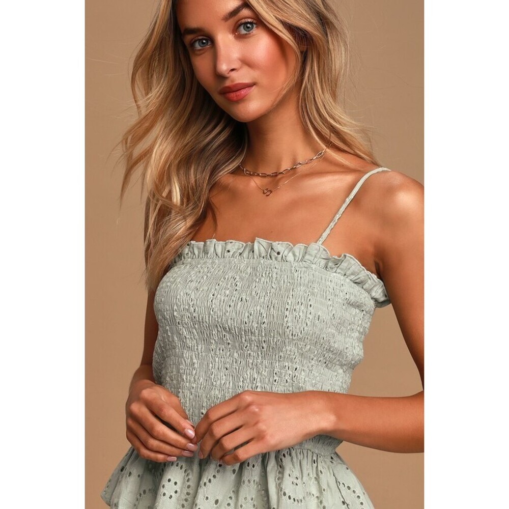 Lulus Playing Tourist Sage Green Smocked Ruffled Cami Top - Size M